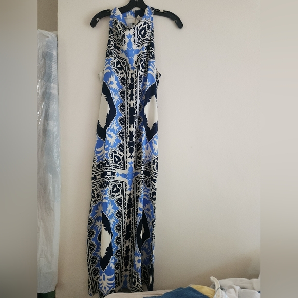 H&M Tie-belt Scarf Prints Dress long  maxi Cream/blue Patterned BNWT - Picture 13 of 14